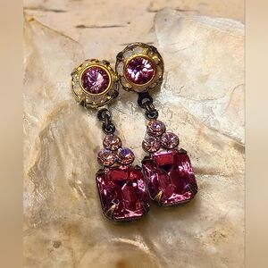 Pink Flower & Octagon Swarovski Crystal Dainty Feminine Earrings In Brass